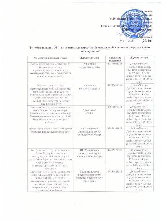 Мемлекет қызмет түрлері мен қызмет көрсету кестесі
