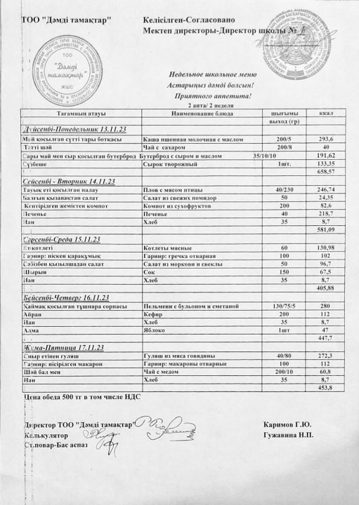 Ас мәзірі. 2023 жыл, қараша. 2-ші апта.