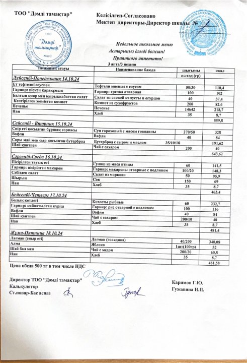 Ас мәзірі. 2024 жыл, қазан. 3-ші апта.