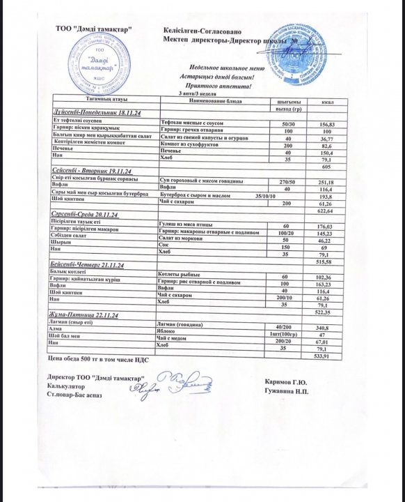 Ас мәзірі. 2024 жыл, желтоқсан. 1-ші апта.