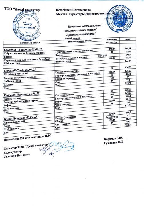 Қыркүйек айы 1-апта ас мәзірі