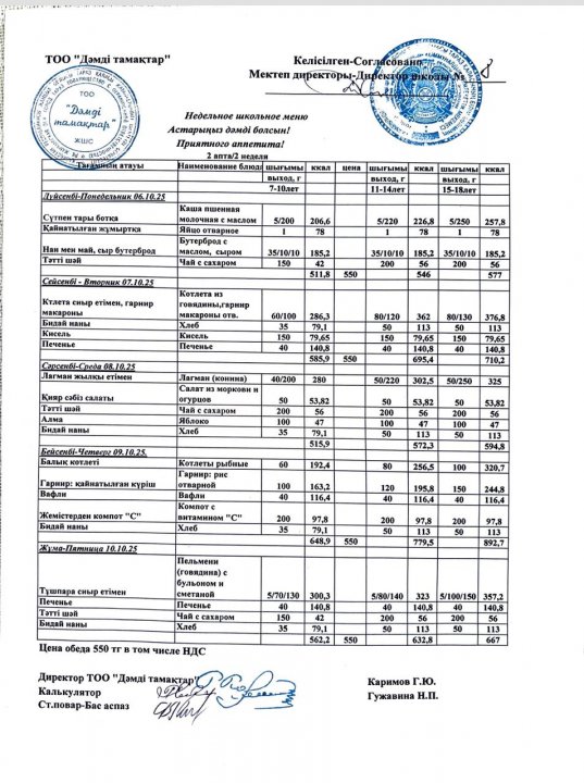 Қазан айы 2-апта ас мәзірі